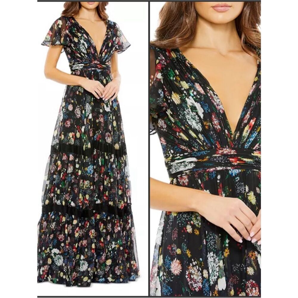 Mac Duggal Size 0 Black Floral Plunge V Neck Lace Maxi Long Formal Gown Dress